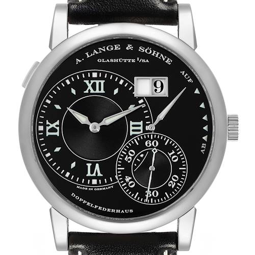The image shows a frontal view of the A. Lange & Söhne Lange 1, model number 115.029, showcasing its black dial, subdials, and date window.