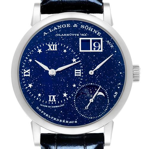 The Lange 1 by A. Lange & Söhne is shown from the front, displaying its blue dial, subdials, and large date window.