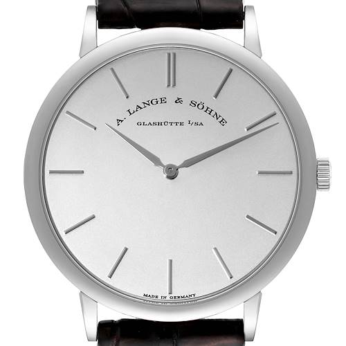 The image shows a front view of the A. Lange & Sohne Saxonia 211.027 Men's White Gold Silver Dial watch, displaying its silver dial, indices, and black leather strap.