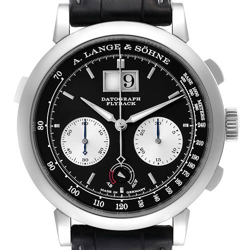 This image shows a front view of the A. Lange & Sohne Datograph 405.035 Men's Platinum Black Dial watch, highlighting its black dial, subdials, and leather strap.