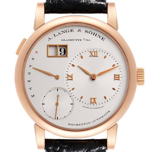 The A. Lange & Sohne Lange 1 320.032 Men's Rose Gold Silver Dial watch is shown front-facing, highlighting the dial, hands, and date window.