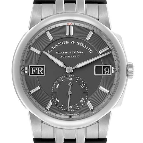 The A. Lange & Sohne Odysseus 363.068 Men's White Gold Grey Dial watch is shown from the front, highlighting the dial, hands, and stainless steel bracelet.