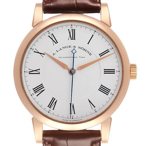 The A. Lange & Sohne Richard Lange 232.032 / LSLS2324AD Men's Rose Gold Silver Dial watch is shown from the front, displaying its dial, gold case, and leather strap.