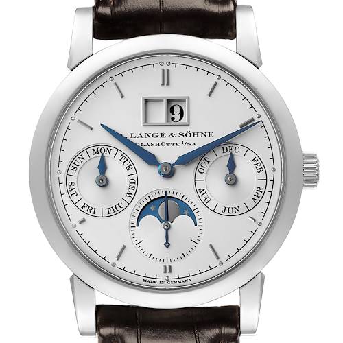 The A. Lange & Sohne Saxonia 330.026 Men's White Gold Silver Dial watch is shown from the front, displaying the dial with calendar and moon phase features.