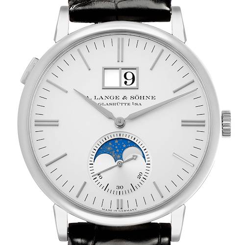 The A. Lange & Sohne Saxonia watch is shown from a top-down angle, highlighting the dial, date, moon phase, and hands.