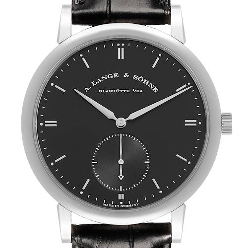 This A. Lange & Sohne Saxonia 307.029 Men's White Gold Black Dial watch is shown from a front angle, highlighting its dial, hands, and case.