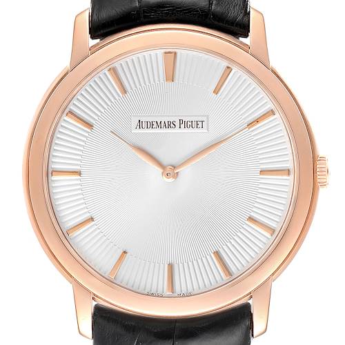 The image shows a front view of the Jules model watch by Audemars Piguet, highlighting its face, bezel, and leather strap.