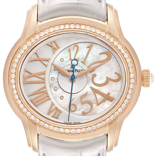 The Audemars Piguet Millenary 77301OR Women's Rose Gold Silver Dial watch is shown from a straight-on angle, highlighting its face, bezel, and partial strap.