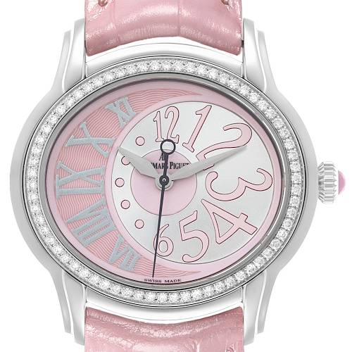 The Audemars Piguet Millenary 77301ST Women's Stainless Steel Pink Dial watch is shown from the front, highlighting its pink dial, diamond bezel, and crown.