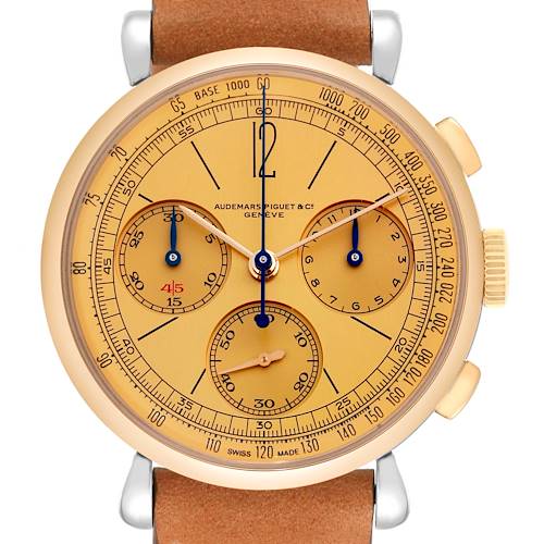 The image shows a front view of the Audemars Piguet Remaster  26595SR Men's Steel and Gold (two tone) Champagne Dial 26595SR Men's Steel and Gold (two tone) Champagne Dialwatch, displaying its dial, sub-dials, and strap.