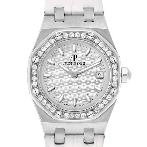 The Audemars Piguet Royal Oak 67601ST Women's Stainless Steel Silver Dial watch is shown from the front, displaying the bezel, dial, hands, date window, and part of the bracelet.