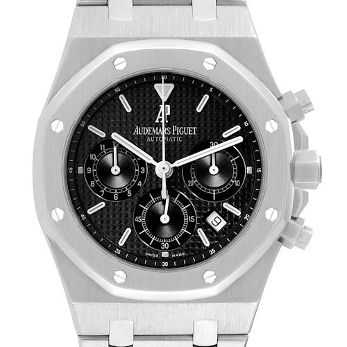 The image shows a front view of the Audemars Piguet Royal Oak 25860ST.00.1110ST.01 Men's Stainless Steel Black Dial 25860ST.00.1110ST.01 Men's Stainless Steel Black Dial watch, highlighting its dial, hands, subdials, and case.