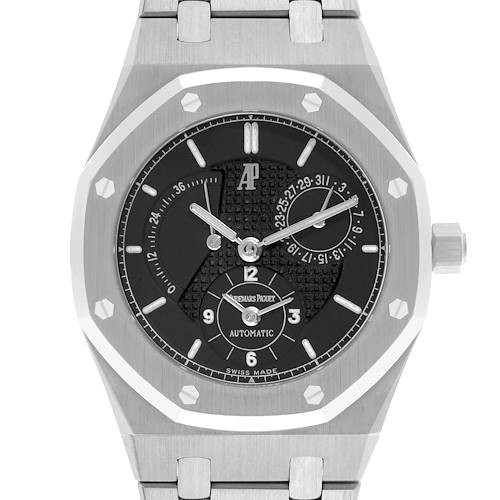 The Audemars Piguet Royal Oak 25730ST.O.0789ST.02 Men's Stainless Steel Black Dial 25730ST.O.0789ST.02 Men's Stainless Steel Black Dial watch is shown from the front, highlighting its case, dial, hands, and bracelet.