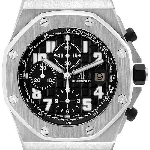 The Royal Oak Offshore by Audemars Piguet is shown from a top view, highlighting the dial, tachymeter scale, and pushers.
