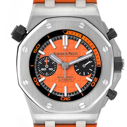 The Audemars Piguet Royal Oak Offshore 26703ST Men's Stainless Steel Orange Dial watch is shown from the front, highlighting its face, bezel, and chronograph subdials.