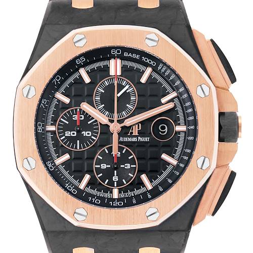 The Audemars Piguet Royal Oak Offshore 26406FR Men's Rose Gold Black Dial is shown from the front, highlighting the dial, bezel, and chronograph subdials.