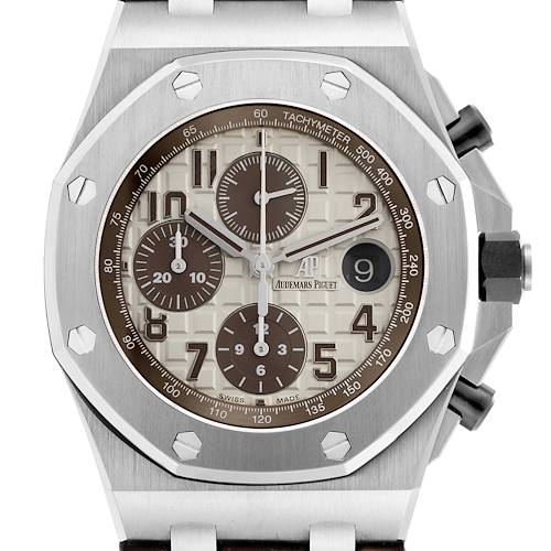 The Audemars Piguet Royal Oak Offshore model 26470ST.OO.A801CR.01 is shown from the front, highlighting the dial, subdials, tachymeter scale, and crown.