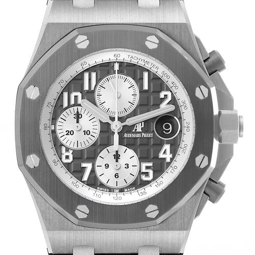 The image shows a front view of an Audemars Piguet Royal Oak Offshore 26470IO.OO.A006CA.01 Men's Titanium Grey Dial 26470IO.OO.A006CA.01 Men's Titanium Grey Dial, highlighting the dial, subdials, and bezel.