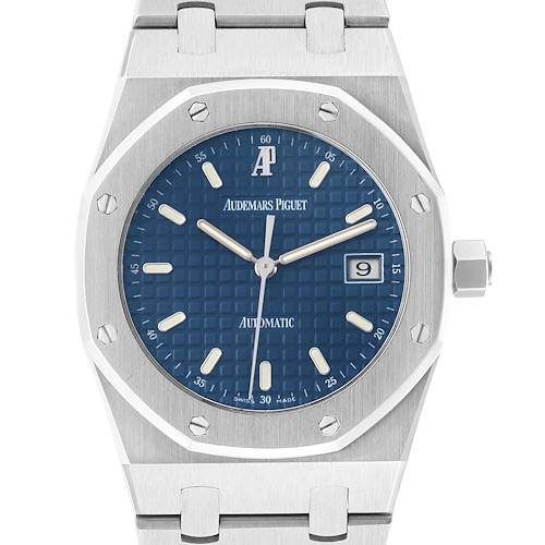 The Audemars Piguet Royal Oak 15000ST Men's Stainless Steel Blue Dial watch is shown from the front, highlighting its blue dial, octagonal bezel, and bracelet links.