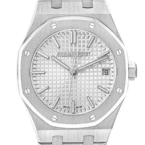 The image shows a front view of the Audemars Piguet Royal Oak 77450ST.OO.1361ST.01 Men's Stainless Steel Silver Dial watch, highlighting the dial, bezel, and bracelet.