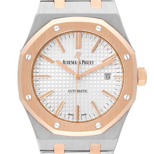 The image shows a front view of the Audemars Piguet Royal Oak 15400SR Men's Steel and Gold (two tone) Silver Dial 15400SR Men's Steel and Gold (two tone) Silver Dial watch, focusing on its dial, bezel, and part of the bracelet.