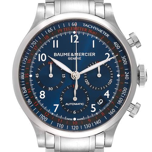 The image shows a front view of the Baume & Mercier Capeland 10066 Men's Stainless Steel Blue Dial 10066 Men's Stainless Steel Blue Dial model watch, highlighting its blue dial, chronograph subdials, and tachymeter scale.