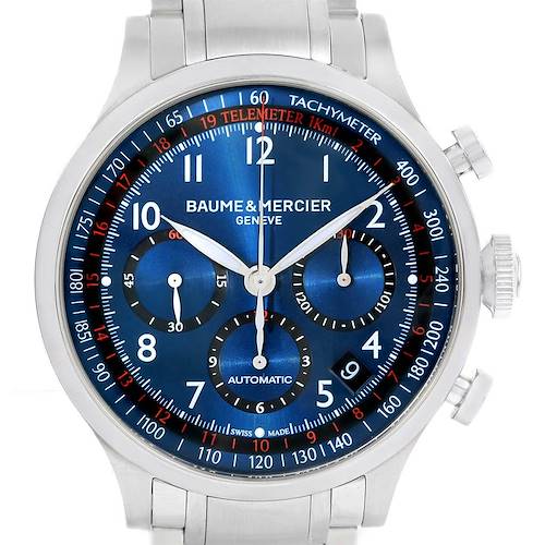 This image shows a Baume & Mercier Capeland 10066 Men's Stainless Steel Blue Dial 10066 Men's Stainless Steel Blue Dial model watch from a front angle, highlighting its blue dial and chronograph sub-dials.