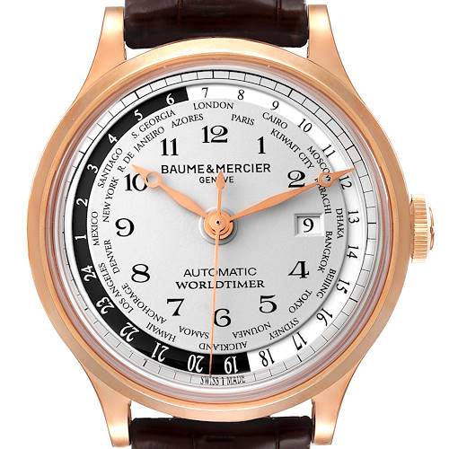 The image shows a front view of the Baume & Mercier Capeland M0A10107 Men's Rose Gold Silver Dial M0A10107 Men's Rose Gold Silver Dial Worldtimer watch.