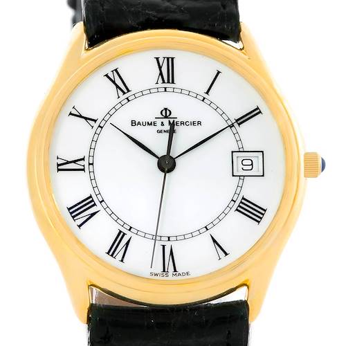 This image shows a front view of the Baume & Mercier Classima 95248 Men's Yellow Gold White Dial 95248 Men's Yellow Gold White Dial watch, highlighting its dial, Roman numerals, and a date window.