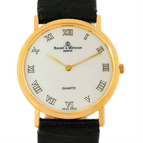 The image shows a front view of the Baume & Mercier Classima Men's Yellow Gold Beige Dial Men's Yellow Gold Beige Dial watch, highlighting the dial, case, and crown.