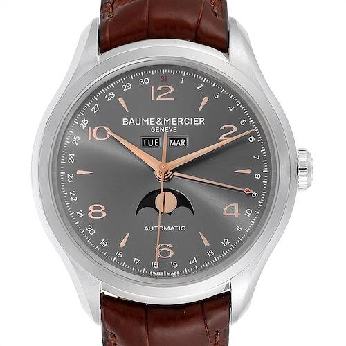 The image shows a front view of the Baume & Mercier Classima M0A10213 Men's Stainless Steel Grey Dial M0A10213 Men's Stainless Steel Grey Dial watch, highlighting the dial, hands, date, day, and moon phase complications.