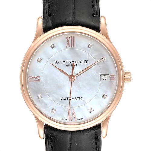 The image shows a front view of the Baume & Mercier Classima 10077 Men's Rose Gold Mother of Pearl Dial 10077 Men's Rose Gold Mother of Pearl Dial watch, displaying the dial, hour markers, hands, and date window.