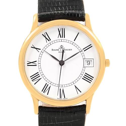 This image shows a full frontal view of a Baume & Mercier Classima MV045077 Men's Yellow Gold White Dial MV045077 Men's Yellow Gold White Dial watch, highlighting its face, case, and black leather strap.