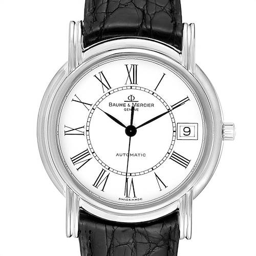 This image shows a front view of the Classima model by Baume & Mercier, highlighting its dial, Roman numerals, hands, leather strap, and date window.