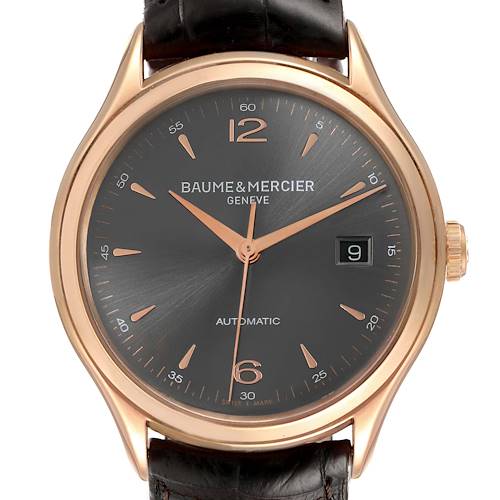 This image shows the face of a Baume & Mercier Clifton M0A10059 Men's Rose Gold Grey Dial M0A10059 Men's Rose Gold Grey Dial model watch, highlighting the dial, hands, date display, and crown, from a front angle.