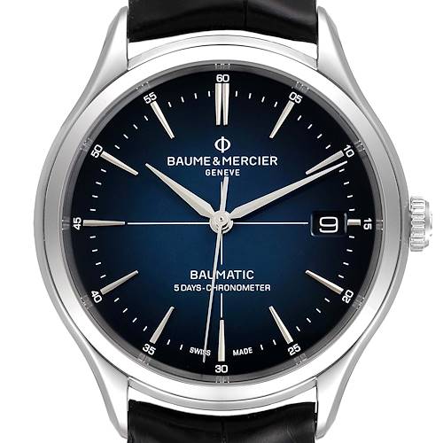 The image shows the face of a Baume & Mercier Clifton M0A10467 Men's Stainless Steel Blue Dial M0A10467 Men's Stainless Steel Blue Dial model watch, displaying its blue dial, hour markers, hands, and date window.