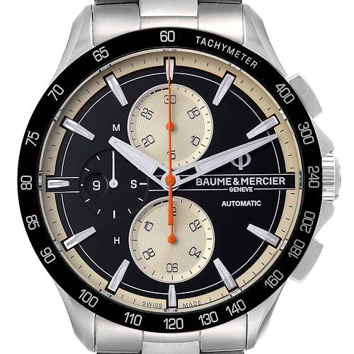 The image shows a front view of the Clifton model watch by Baume & Mercier, highlighting its dial, tachymeter, and chronograph features.