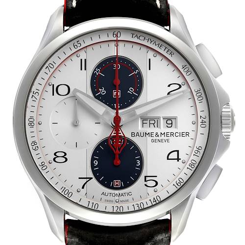 The Baume & Mercier Clifton MOA10342 Men's Stainless Steel Silver Dial MOA10342 Men's Stainless Steel Silver Dial watch is shown from a front angle, displaying the dial, tachymeter, subdials, and chronograph features.