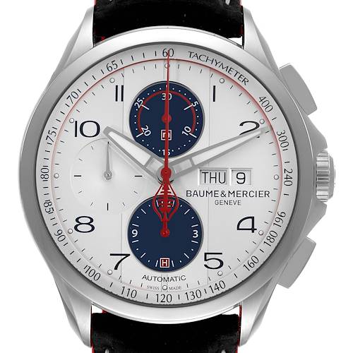 The image shows a front view of the Baume & Mercier Clifton M0A10342 Men's Stainless Steel Silver Dial M0A10342 Men's Stainless Steel Silver Dial model watch, highlighting its dial and tachymeter bezel.