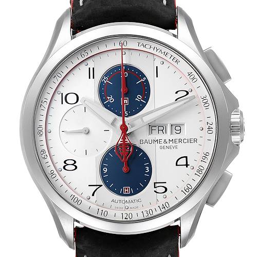 The image shows the face of the Baume & Mercier Clifton M0A10342 Men's Stainless Steel Silver Dial M0A10342 Men's Stainless Steel Silver Dial model watch, displaying its dial, subdials, date, and tachymeter.