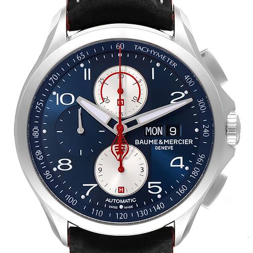 The image shows a front view of the Baume & Mercier Clifton M0A10342 Men's Stainless Steel Blue Dial M0A10342 Men's Stainless Steel Blue Dial model watch with a blue dial and tachymeter bezel.