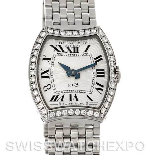 The image shows a front view of a Bedat 304.031.100 Women's Stainless Steel Silver Dial 304.031.100 Women's Stainless Steel Silver Dial No. 3 Ladies Stainless Steel Diamond Watch 304.031.100, highlighting its face and part of the bracelet.