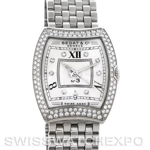 The Bedat 314.031.109 Women's Stainless Steel Silver Dial 314.031.109 Women's Stainless Steel Silver Dial No. 3 Ladies Stainless Steel Diamond Watch, model 314.031.109, is shown from a front view highlighting its diamond-studded bezel and dial.