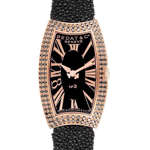 The image shows a front view of the Bedat 384.490.305 Women's Rose Gold Black Dial 384.490.305 Women's Rose Gold Black Dial No. 3 Rose Gold Black Diamonds Stingray Strap Ladies Watch 384.490.305 model.