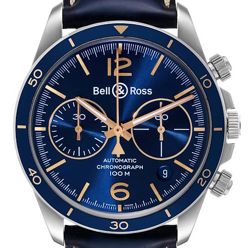 The image shows a frontal view of the Bell & Ross Aeronavale watch, highlighting its dial, bezel, and chronograph sub-dials.