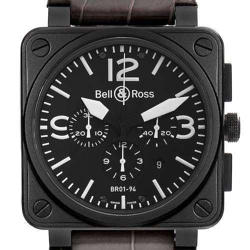 The image shows a front view of the Bell & Ross BR01-94 Chronograph model, displaying its dial and subdials.
