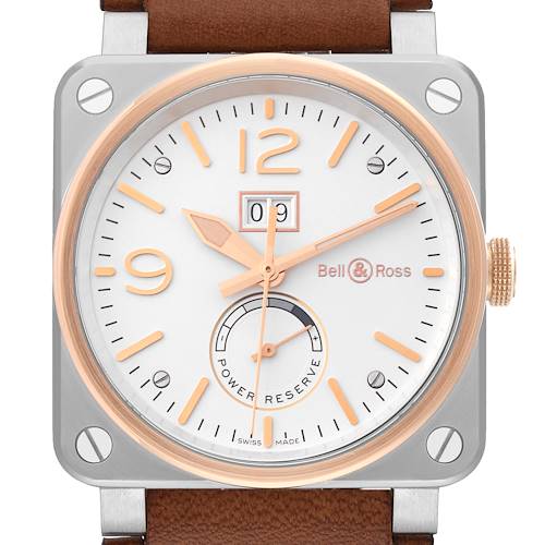 This Bell & Ross Instruments BR03-90 Men's Steel and Gold (two tone) Silver Dial BR03-90 Men's Steel and Gold (two tone) Silver Dial model watch is shown from the front, displaying the dial, hands, bezel, and part of the leather strap.