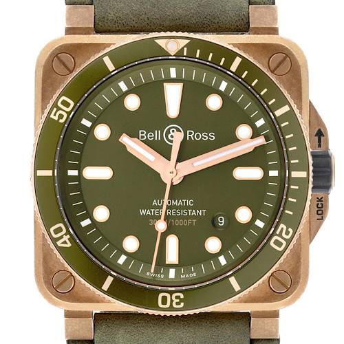 The Bell & Ross Instruments BR03-92-DIV-B Men's Bronze Green Dial BR03-92-DIV-B Men's Bronze Green Dial watch is shown from the front, displaying the dial, bezel, and crown.