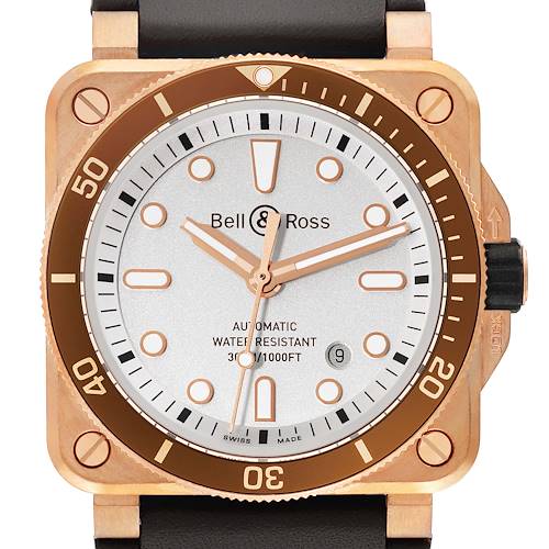This image shows a front view of a Bell & Ross Instruments BR0392-D-WH-BR/SCA Men's Bronze Silver Dial BR0392-D-WH-BR/SCA Men's Bronze Silver Dial model watch, displaying the dial, bezel, and crown.