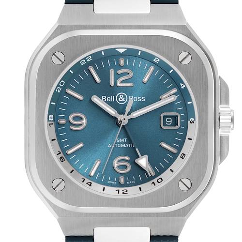 The Bell & Ross Instruments BR05G-PB-ST/SRB Men's Stainless Steel Blue Dial BR05G-PB-ST/SRB Men's Stainless Steel Blue Dial model is shown from the front, displaying the blue dial, numerals, date window, and bezel.